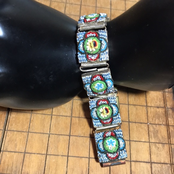 ANTIQUE MICRO MOSAIC 7.25”L Bracelet 5/8”W Blue White Red Green Italy - Picture 2 of 9